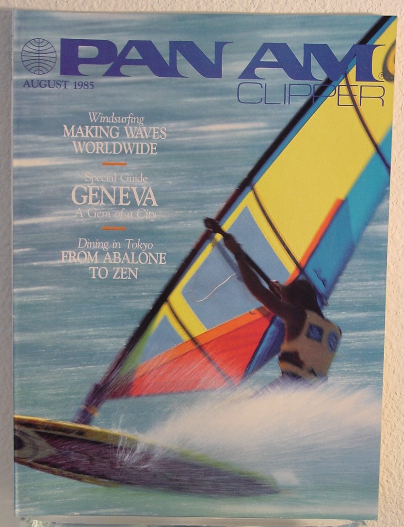 1985 August Clipper in-flight Magazine with a cover story on wind-surfing.